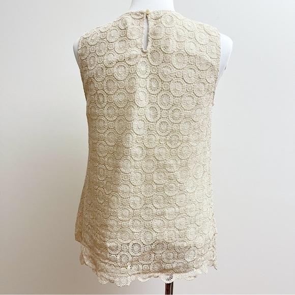Talbots Cream Gold Metallic Medallion Lace Overlay Scalloped Sleeveless Top - Picture 9 of 11
